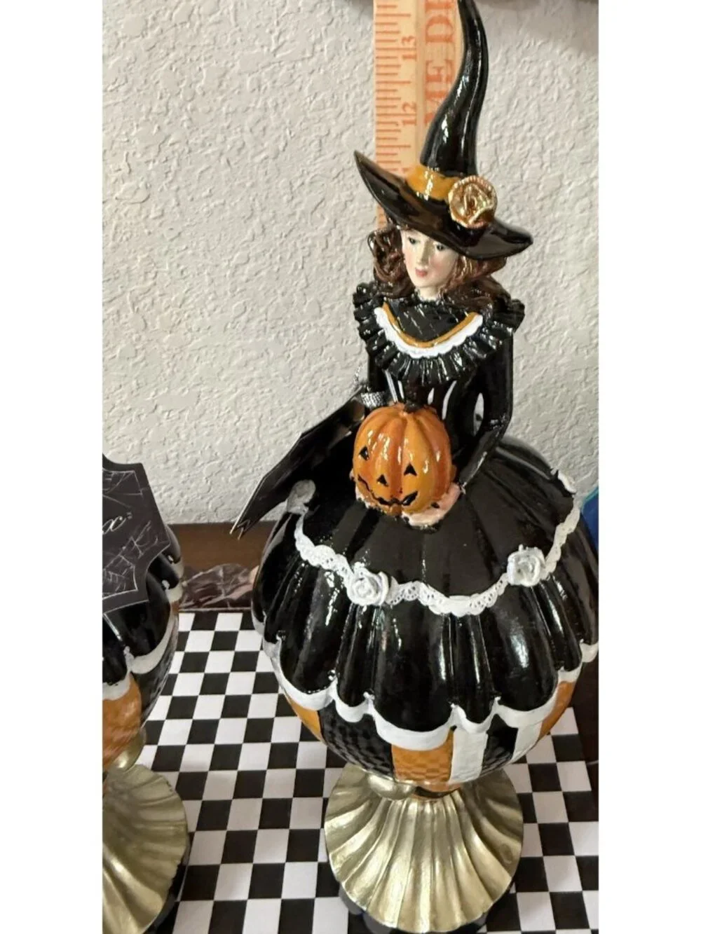 2 Bella Lux Witch on Pumpkin Jack O Lantern Black Dress White Rosebuds Lace NWT